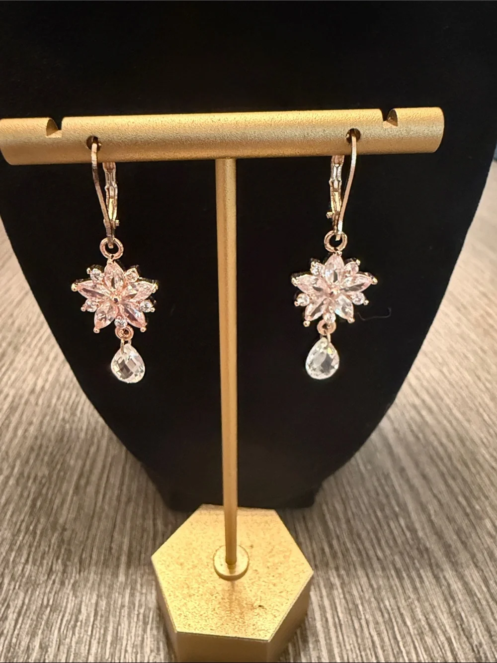 Rose Gold Crystal Floral Drop Earrings - Elegant Women's Jewelry